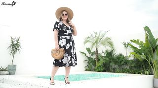 kiss me Plus Size Women V Neck Floral Cocktail Party Midi Dresses with Pocket