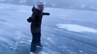 Ice skating on a frozen lake