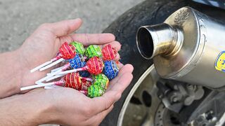 Experiment lollipops in 100°C motorcycle in exhaust
