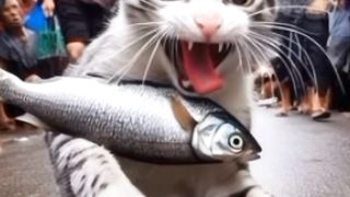 The cat stole the fish and ran