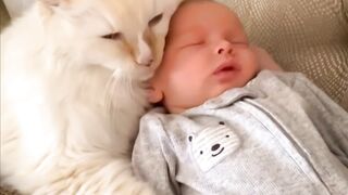 Newborn snuuggling with his best friend .house cat as they lay  togather confortable