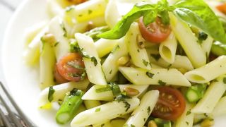 Pasta with Green Asparagus, Tomatoes and Pine Nuts