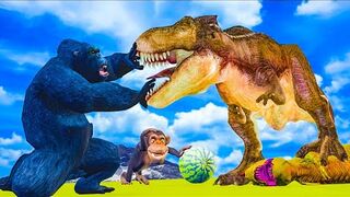 Funny Gorilla Vs T-Rex Vs Tyrannosaurus Animal Fight _ Funny Gorilla Vs T-Rex Steal Watermelons