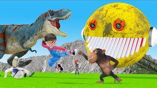 Giant Tyrannosaurus T-rex Vs Monster Pacman Vs Funny monkey Animal Fight _ Monkey Steal Watermelons.