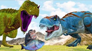 Giant T-Rex Dinosaur Vs Funny monkey Vs Tyrannosaurus Animal Fight _ Escape Monkey Steal Fish.
