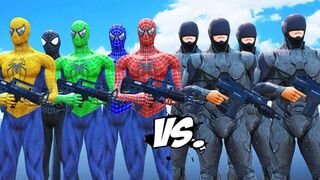 Spider-Man, Green Spiderman, Blue Spiderman, Yellow Spiderman, Black Spiderman VS RoboCop Army