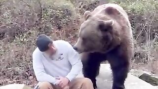 Bear man talking to adult brown male bear and feeding him treat