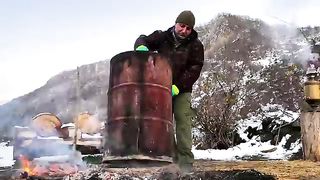A Giant Sturgeon Roasted Under A Barrel In A Bonfire! Dinner In A Snowy Village