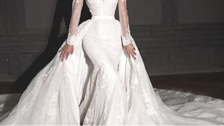 Iceland Poppy Boat Neck Mermaid Lace Wedding Dresses Beaded Appliques Long Sleeves Bridal Gowns with Detachable Train