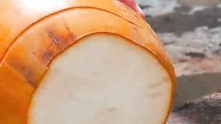 Chopping coconut