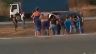 A Man running into the street was hit by a bus.