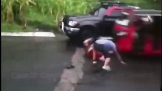 The fight was ended by a three-wheeled vehicle.