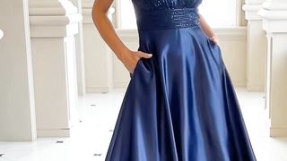 Lucy In Love Elegant Sequins Evening Dress For Women 2024 Deep V-neck Satin Prom Party Green Dress Floor Length Blue Formal Gowns