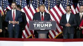 Former President Trump delivers a victory speech at Iowa caucuses 2024 Election America