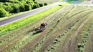Tractor cutting grass on the field