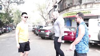 World biggest body builder Martyn Ford walking in streets of Mimbai