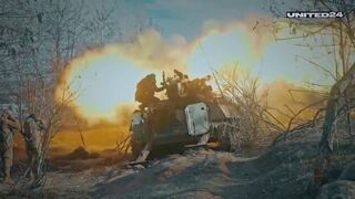 Ukrainian MT-LB-12 self-propelled 100mm gun in action in Bakhmut, firing 3UBK8M HEAT rounds at Russian forces
