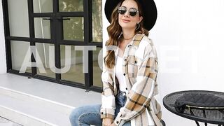 Autumn Womens Casual Plaid Shacket Button Down Long Sleeve Shirts