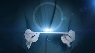 Business Man Holding Tablet Hologramm Hud Projection Padlock Security Icon