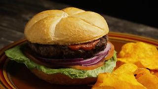 Rotating Shot Of Delicious Burger And Potato Chips - BBQ 167