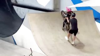 Learning to ride BMX over a spine almost twice his height ????