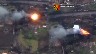 Ukraine's 45th and 26th artillery brigades and 128th Mountain Assault Brigade artillery strikes on Russian armored force with a tank platoon and BMPs