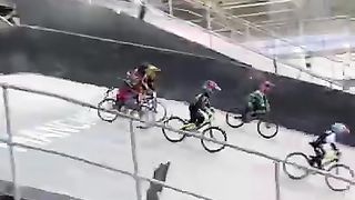 BMX racing toddler - racing at Manchesters National Cycling Centre indoor BMX track at 3 years old!