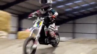 Tiny rider tries huge indoor motocross jump ????