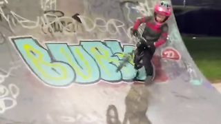 He jumped his balance bike off the spine ramp ????