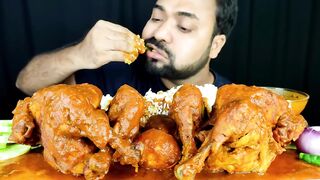 Two whole chicken curry, egg curry, spicy chicken gravy, rice, salad, chili mukbang asmr eating show