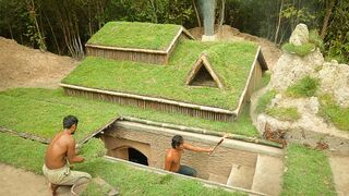 Building underground hut with grass roof & fireplace with clay.