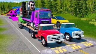 Double Flatbed Trailer Truck vs Speedbumps vs Cars - Bollard vs Deep Water BeamNG.Drive