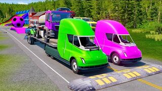 Double Flatbed Trailer Truck vs Speedbumps Train vs Cars Tractor vs Train Beamng.Drive