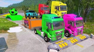 Double Flatbed Trailer Truck vs Speedbumps Train vs Cars _ Tractor vs Train Beamng.Drive