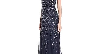 Adrianna Papell Women's Short-Sleeve Grid Beaded Gown