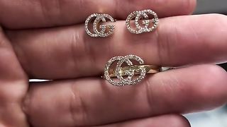 Ladies Natural Diamond & Solid Gold Double G Ring & Earrings Set