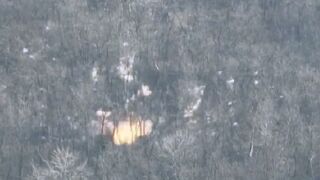 Ukrainian artillery shelling on Russian invaders hiding in the woods near Bakhmut