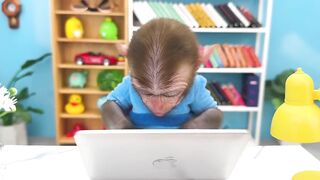 Monkey Baby Bon Bon doing shopping in Toy store and eats ice cream rainbow with puppy the pool