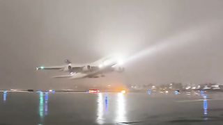 A380 Lufthansa Taking off on rainy night