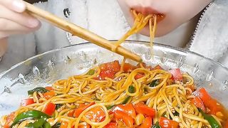 Mukbang noodles with veggies