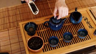 Traditional Japanese tea set being prepared