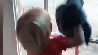Babies are playing with vacuum machine