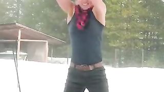 Canadian girl effectively chopping firewood