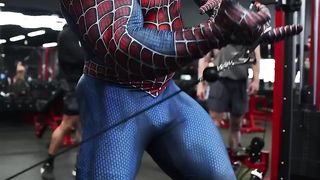 Spiderman performs exercises
