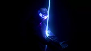 Electronic cyberpunk mask under neon lights