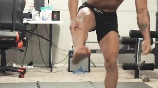 The guy does exercises on one leg
