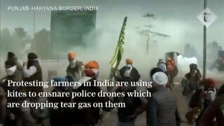 Indian farmers use kites to down tear gas dropping drones