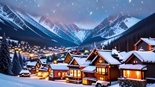 snow falls pretty little mountain village lit up in winter it's dark at night