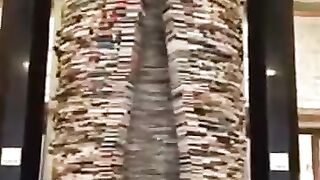 An endless tower of books at the Prague Library.