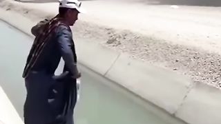 Funny man cross the river